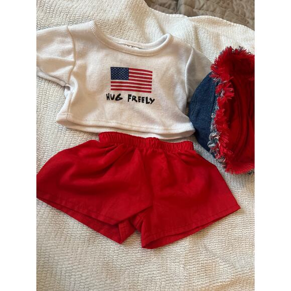 Build-A-Bear BABW Outfit Patriotic Red White Blue Hug Freely Top Shorts Hat Jean - Picture 2 of 10